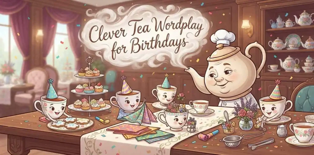 Clever tea birthday wordplay scene